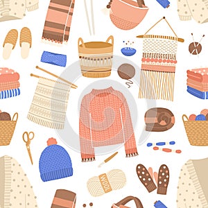 Knitted items flat vector seamless pattern. Knitting and sewing tools texture. Woolen clothes and handmade accessories