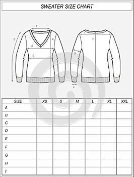 Knitted jumper size chart. Sweater photo