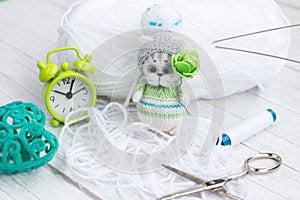 a knitted kitten with knitting needles, colored balls of thread in a basket.