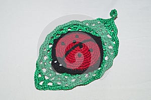 Knitted ladybug toy. handmade pincushion close up