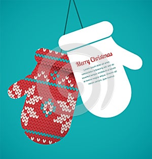 Knitted mittens Christmas vector background