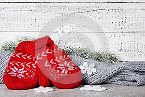 Knitted mittens with grey scarf