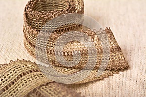 Knitted openwork linen ribbon tapes in rural style of rustics cotton eco natural