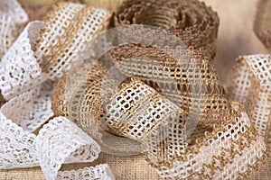 Knitted openwork linen ribbon tapes in rural style of rustics cotton eco natural