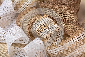 Knitted openwork linen ribbon tapes in rural style of rustics cotton eco natural