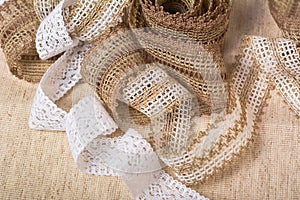 Knitted openwork linen ribbon tapes in rural style of rustics cotton eco natural