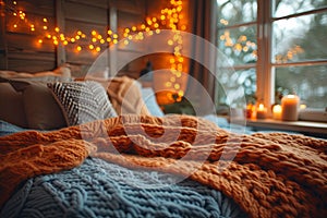 Knitted orange blue plaid with cushions on the bed in a cosy bedroom with lights on the wall