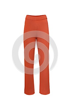 Knitted orange pants trousers isolated on white, front