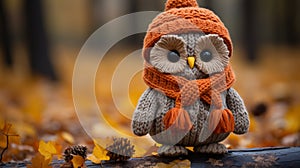 a knitted owl wearing an orange hat and scarf