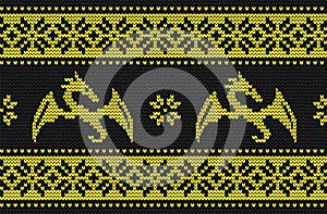 Knitted pattern with dragons. Seamless border. Ornament in black and yellow colors