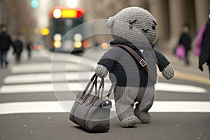 Knitted plush buddy in business style walks around New York with his bag