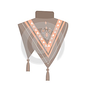 Knitted poncho for cold weather with tassels and ethnic pattern