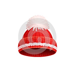 Knitted Red Hat with White Pom-Pom Vector Icon