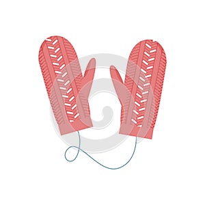 Knitted red mittens on rope with white pattern, accessory for cold season