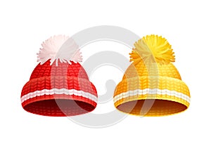 Knitted Red Yellow Hat with Pom-Pom Vector Icon