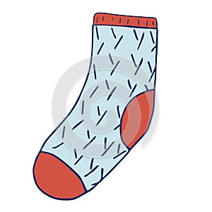 Knitted sock knit blue with an elastic band, heel and toe in red. Illustration