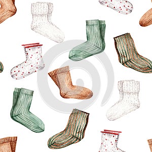 Knitted socks seamless watercolor pattern. Cute cozy hand drawn illustration. Autumn print for textiles, packaging