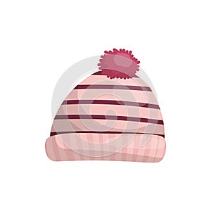 Knitted striped baby hat with red ponpon, winter warm clothes.