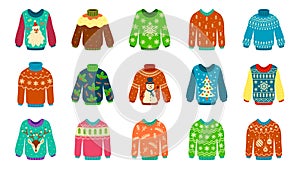 Knitted sweater. Woolen ugly jumpers with christmas patterns, pullover stylish holiday design, new year winter