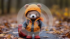 a knitted teddy bear wearing an orange vest and carrying a red suitcase