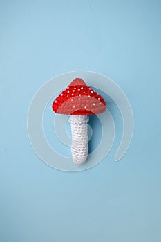 Knitted toy amanita on blue background. Earlier tactile development of children, craft toys, poisonous food.