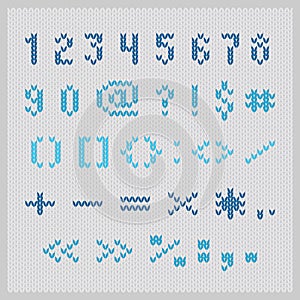 Knitted vector alphabet, blue small sans serif numbers and punctuation.