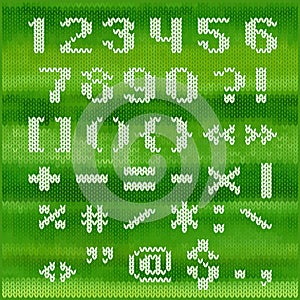 Knitted vector alphabet, white bold sans serif letters. Part 2 - numbers and punctuation.