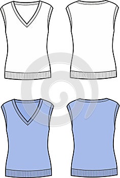 Knitted vest flat sketch. Waistcoat apparel design. Front and back. Women CAD mockup. photo