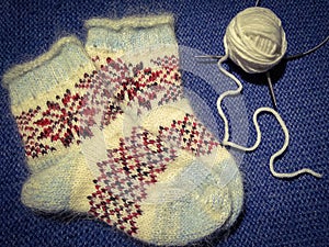 Knitted warm socks. Needlework, top view.