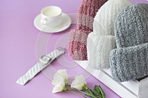 Knitted white and gray hats