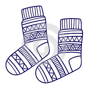 Knitted winter clothes, vector flat illustration. Socks with pattern
