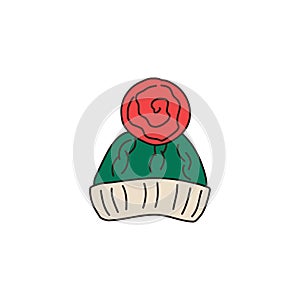 Knitted winter hat with a pompom. Clothes. Doodle. Vector hand-drawn illustration. Icon