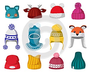 Knitted winter hats. Kids knit warm headwear, autumn and winter accessories isolated vector illustration icons set photo
