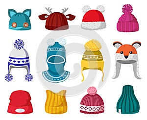 Knitted winter hats. Kids knit warm headwear, autumn and winter accessories isolated vector illustration icons set