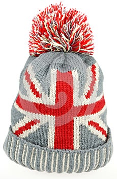 Knitted Wool Hat with Union Jack Flag Isolated On White