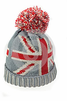 Knitted Wool Hat with Union Jack Flag Isolated On White