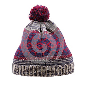 Knitted wool winter hat with pom pom isolated on white