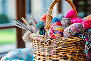 knitters basket filled with colorful wool skeins and tools