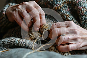 knitters hands focusing on interlocking wool loops