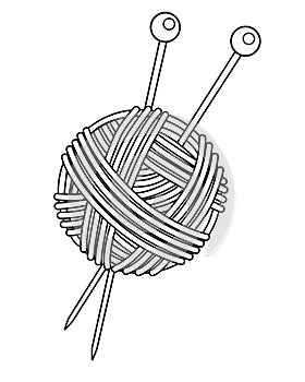 Knitting - Ball of Yarn With Needles Stuck In It. Clew and knitting needles - vector linear illustration for logo or coloring. Out