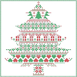 Knitting Christmas pattern in in Christmas tree shape including snowflakes, hearts Xmas trees Christmas presents, snow, stars