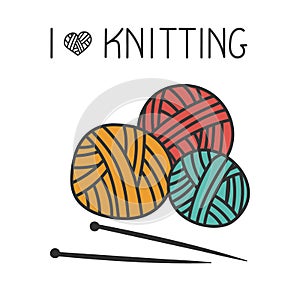 Knitting  composition from balls of wool in the style of doodle. For a yarn shop or tailor. Vector illustration