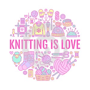 Knitting, crochet, hand made banner illustration. Vector line icon knitting needle, hook, scarf, socks, pattern, wool