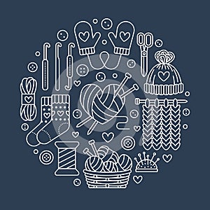 Knitting, crochet, hand made banner illustration. Vector line icon knitting needle, hook, scarf, socks, pattern, wool