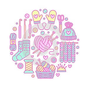 Knitting, crochet, hand made banner illustration. Vector line icon knitting needle, hook, scarf, socks, pattern, wool photo