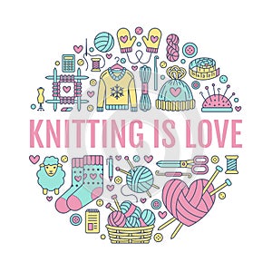 Knitting, crochet, hand made banner illustration. Vector line icon needle, hook, scarf, socks, pattern, wool skeins an