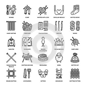 Knitting, crochet, hand made line icons set. Knitting needle, hook, scarf, socks, pattern, wool skeins and other DIY