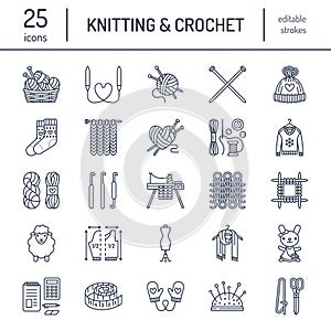 Knitting, crochet, hand made line icons set. Knitting needle, hook, scarf, socks, pattern, wool skeins and other DIY