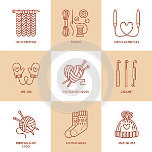 Knitting, crochet, hand made line icons set. Knitting needle, hook, scarf, socks, pattern, wool skeins and other DIY