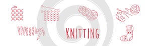 Knitting and Crochet Line Red Icon Flat Vector Set